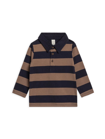 Doyle Long Sleeve Collared Top - Rugby Stripe / Navy + Taupe