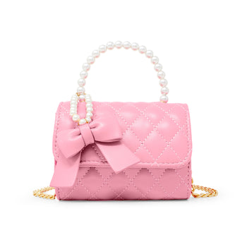 Pink Quilted Pearl Handle Bow Ribbon Handbag
