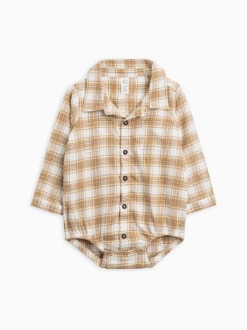 Carson Flannel Collared Button Down Bodysuit - Latte Plaid