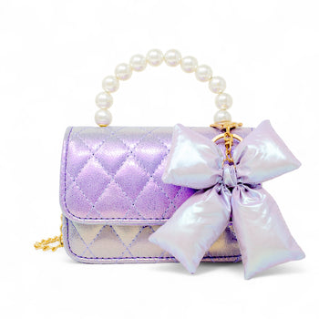 Shiny Quilted Fluffy Bow Handbag / Purple
