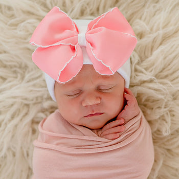 Scalloped Pink Bow Newborn Hospital Beanie