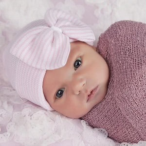 IlyBean So Sweet Pink & White Striped Hospital Hat w/ Pink Ribbon Bow