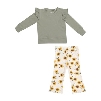 Baby Sunflowers / Ruffle Shoulder Waffle Shirt with Flare Pant