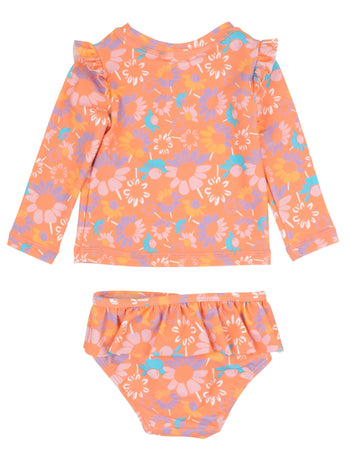 Coral Floral Skirted Flutter L/S Rash Guard 2-Piece Bathing Bikini