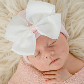 Ava White Bow w/ Pink Center Newborn Hospital Beanie