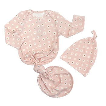 Pink Daisy Ribbed Bamboo Baby Gown Set