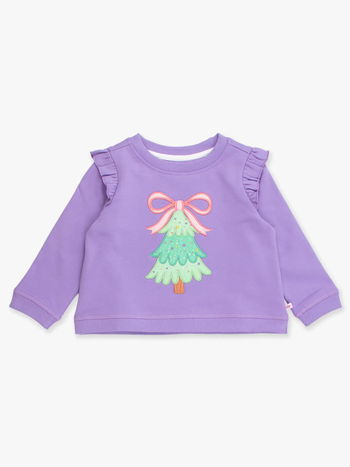 Girls Purple Twinkling Tree Bow Applique Flutter Sweatshirt
