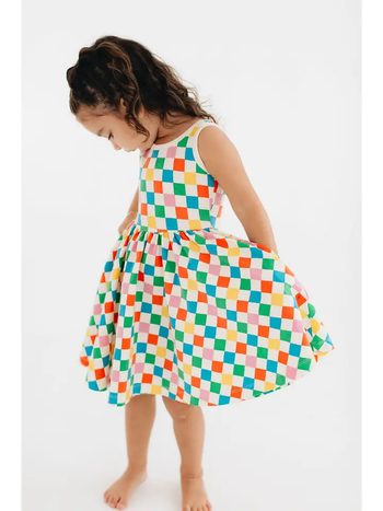 Sleeveless Twirl Dress in Party Checkers