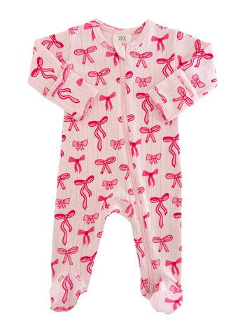 Pink Bows - Organic Pointelle / 2-Way Zip Footie