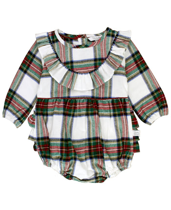 * Good Tidings Plaid Ruffled L/S Bubble Romper