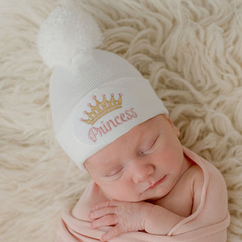 Pink and Gold Princess Hospital Beanie w/ White Pom Pom
