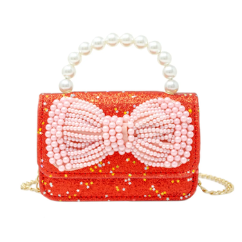 Glitter Pearl Bow Handle Bag / Red Purse